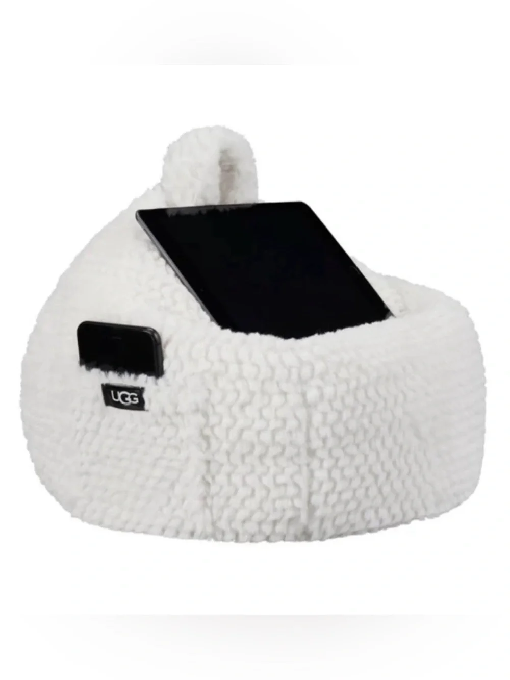 UGG faux fur tablet pouf phone beanbag holder, designed to prop up devices